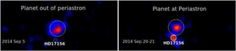 Immagini in raggi X di HD 17156 ottenute con il pianeta lontano dal periastro (a sinistra) e vicino al periastro (a destra). La stella oggetto dello studio è quella indicata con un quadrato verde, che risulta visibile soltanto nella seconda osservazione (20-21 settembre). L'oggetto più in alto nel campo di vista di XMM-Newton è una sorgente di raggi X molto più lontana, che casualmente appare vicina ad HD 17156 per semplici ragioni di prospettiva, ma non ha alcuna relazione con il sistema planetario. 