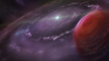 Rappresentazione artistica del sistema planetario HR 8799 in una fase precoce della sua evoluzione, con in primo piano il pianeta HR 8799c, il disco di gas e polveri e i pianeti più interni. Crediti: Dunlap Institute (per Astronomy & Astrophysics), Mediafarm.