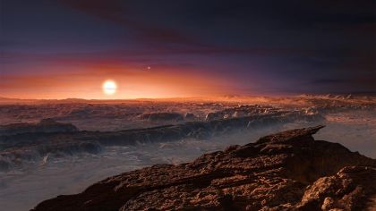 Rappresentazione artistica della superficie di Proxima b e di un ipotetico tramonto su questo pianeta. Crediti: ESO/M. Kornmesser