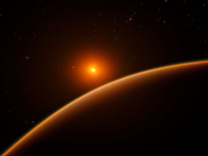 This artist’s impression shows the exoplanet LHS 1140b, which orbits a red dwarf star 40 light-years from Earth and may be the new holder of the title “best place to look for signs of life beyond the Solar System”. Using ESO’s HARPS instrument at La Silla, and other telescopes around the world, an international team of astronomers discovered this super-Earth orbiting in the habitable zone around the faint star LHS 1140. This world is a little larger and much more massive than the Earth and has likely retained most of its atmosphere.
