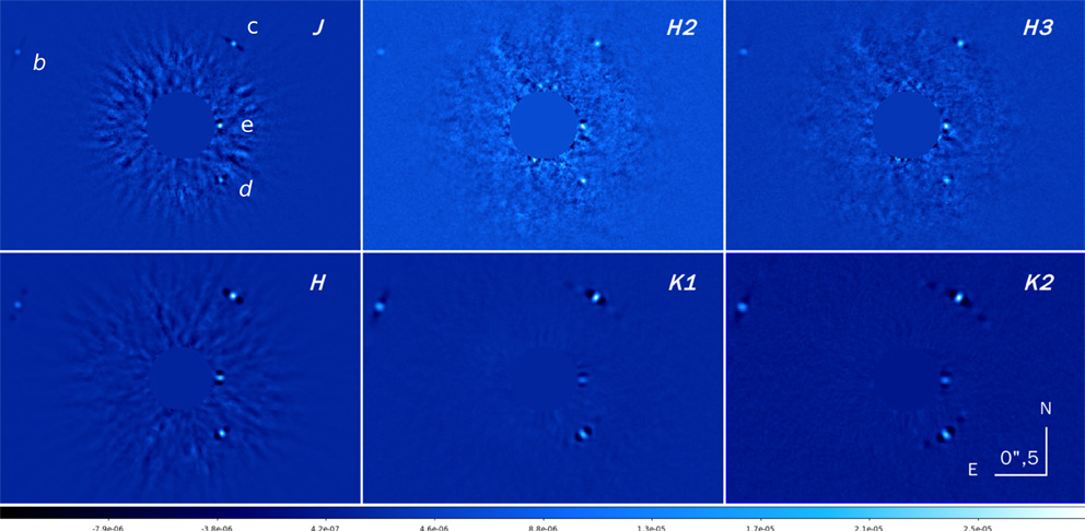 In questa immagine sono rappresentati i 4 pianeti attorno alla stella HR8799, in diversi filtri di IRDIS, J, H2, H3, H, K1, K2. La luce della stella, nascosta dietro al coronografo al centro delle immagini, è stata attenuata grazie ad un Angular Differential Imaging (ADI) post-proccesing ottenuto con la tecnica della Principal Component Analysis (PCA).